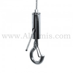 Kit câble de suspension avec embout câble plafond et support crochet en situation. Charge de travail jusqu’à 15 kg. FitCable